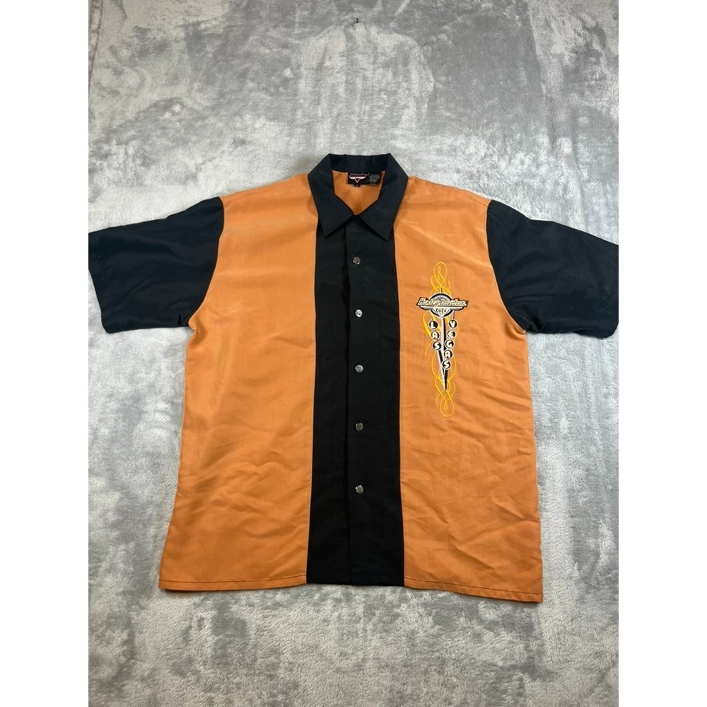 Harley-Davidson Cafe Las Vegas Large Short Sleeve Men Button Up Orange/Black